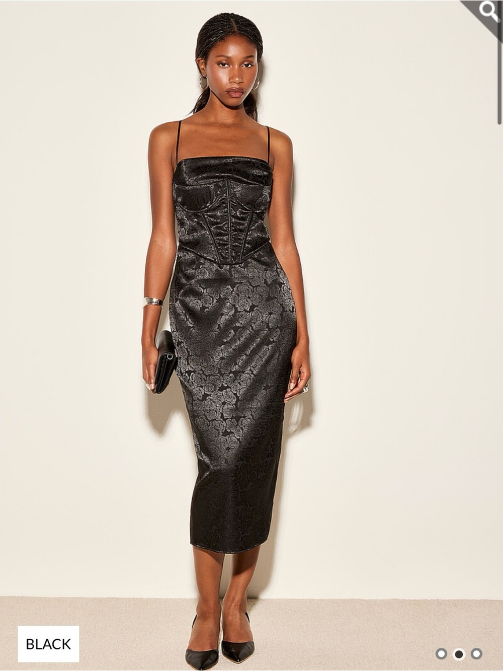 Iconē Black Satin-texture Midi Dress with Corset Bodice